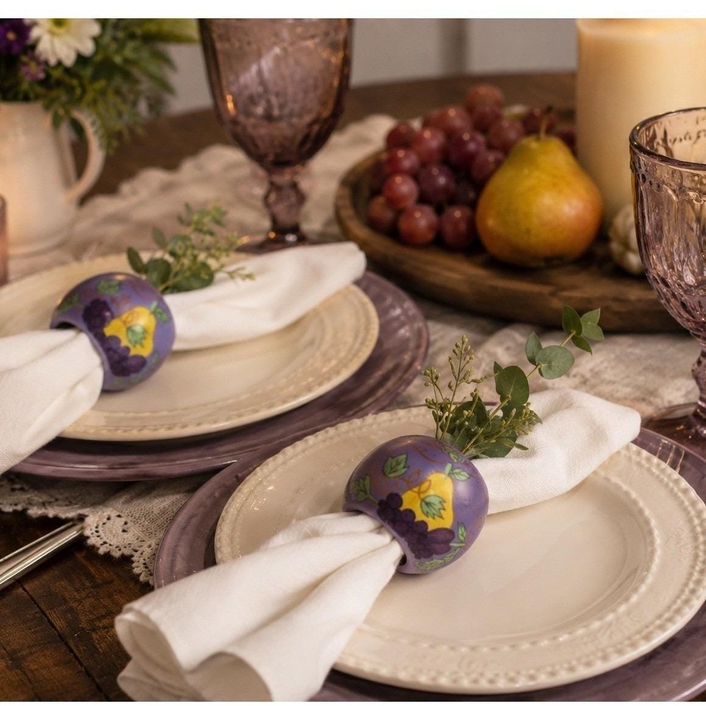 Vintage Hand Painted Wooden Fruit Napkin Rings Set 2 Farmhouse Country Decor